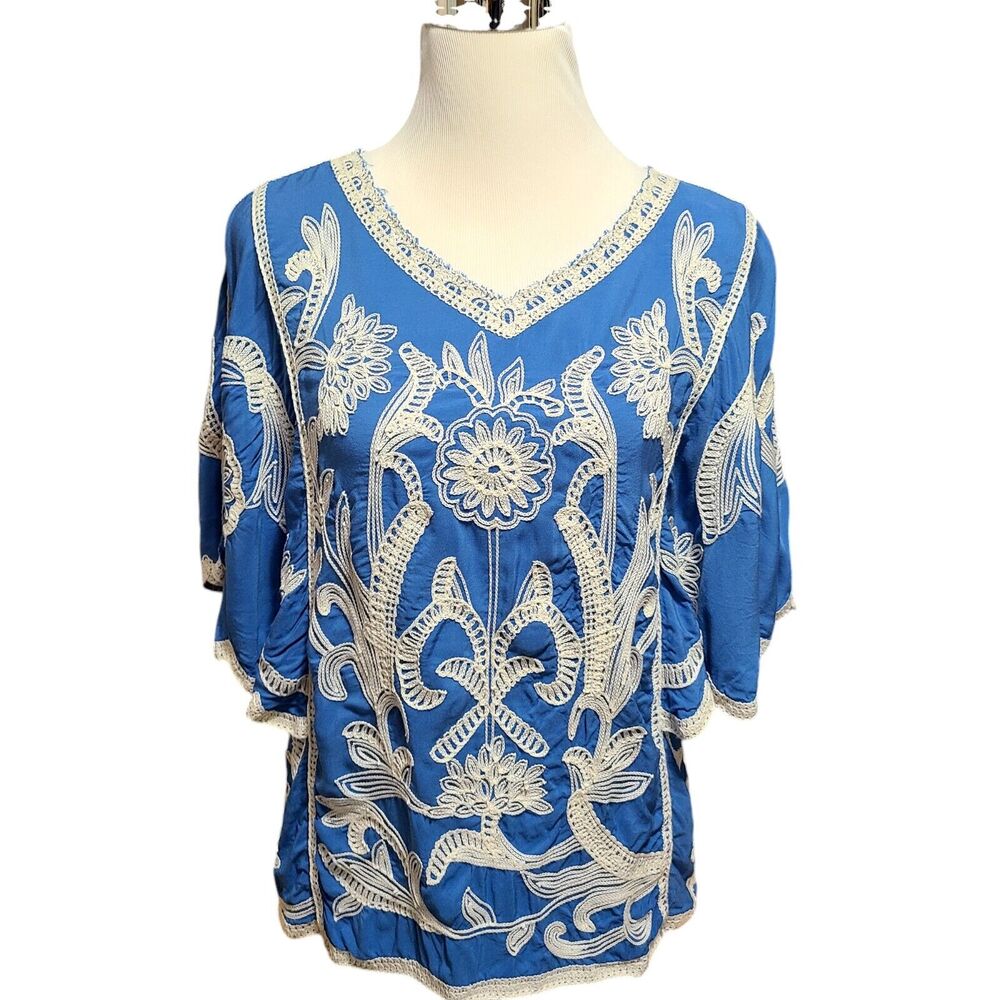 Anthropologie Kindred Women's Blouse Size S Embroidered Scallop Bell Cottagecore